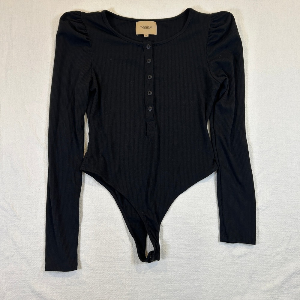 Foundist Los Angeles Black Ribbed Henley Bodysuit Puff Shoulder XL Long Sleeve